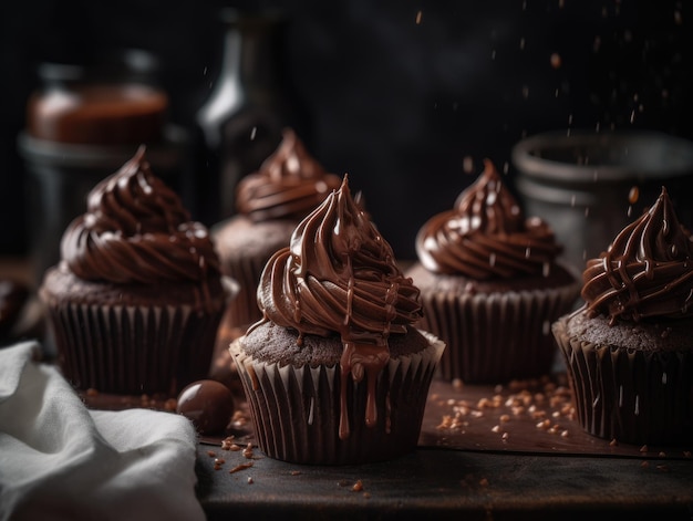 Cupcake de chocolate em fundo escuro de madeira Generative AI