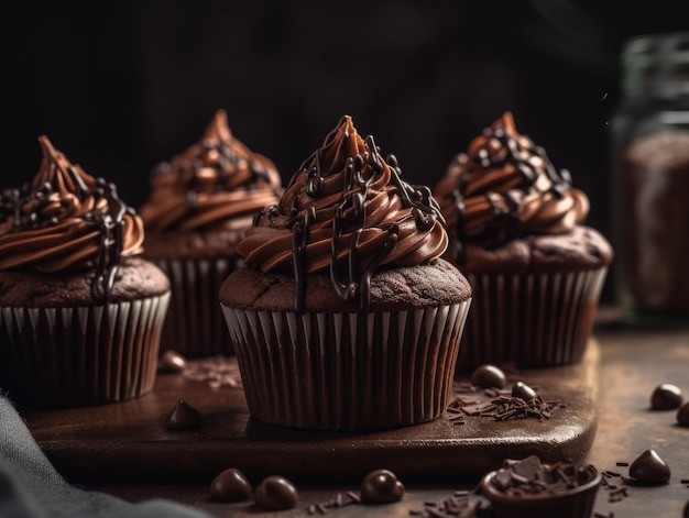 Cupcake de chocolate em fundo escuro de madeira Generative AI