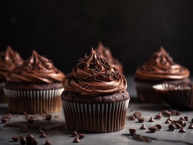 Cupcake de chocolate em fundo escuro de madeira Generative AI