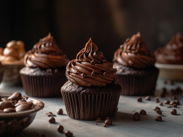 Cupcake de chocolate em fundo escuro de madeira Generative AI