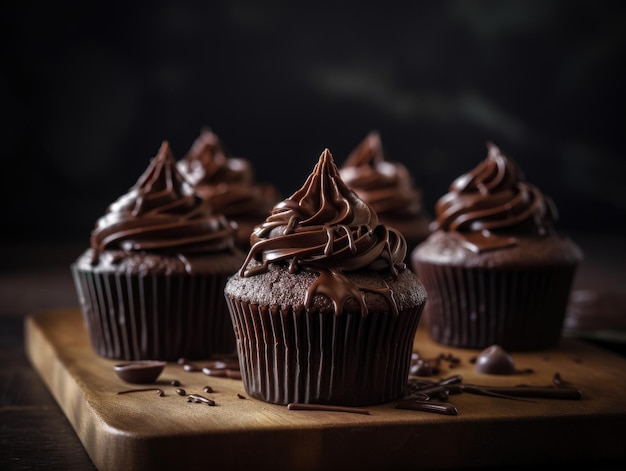 Cupcake de chocolate em fundo escuro de madeira Generative AI