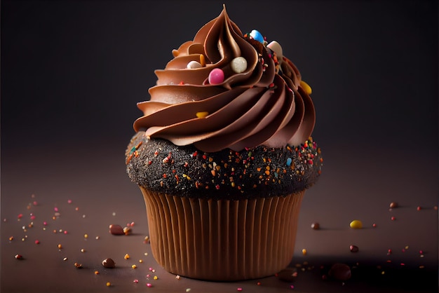 Cupcake de chocolate indulgente com cobertura de chocolate e granulado de arco-íris gerado por IA generativa