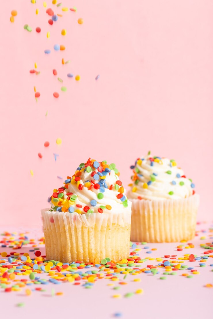 Cupcake de creme branco com salpicos coloridos em rosa foto de alta qualidade