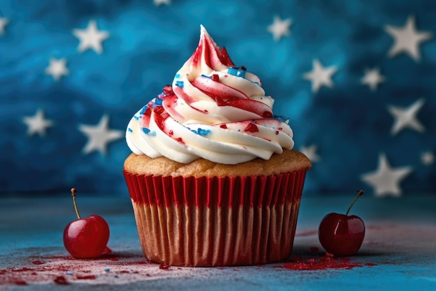 Cupcake de creme decorado com as cores da bandeira americana Ai generative