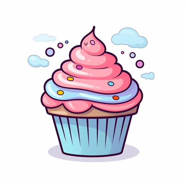 Foto cupcake de desenho animado com cobertura rosa e polvilhas no topo generativo ai