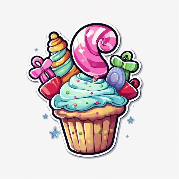 Foto cupcake de desenho animado com um doce e cana de doce no topo generativo ai