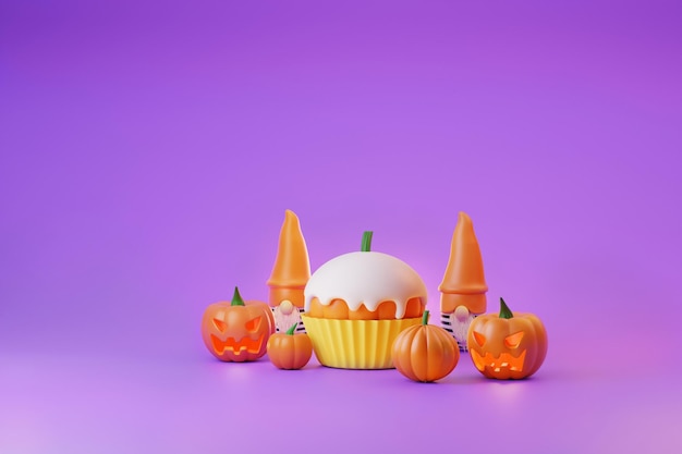 Cupcake de Halloween com abóboras e ilustração 3d de decoração fofa em fundo roxo