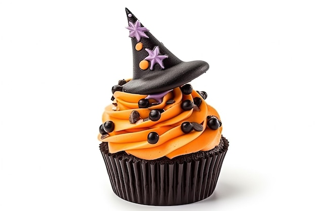 Cupcake de Halloween decorado com chapéu de bruxa vidrado AI generative