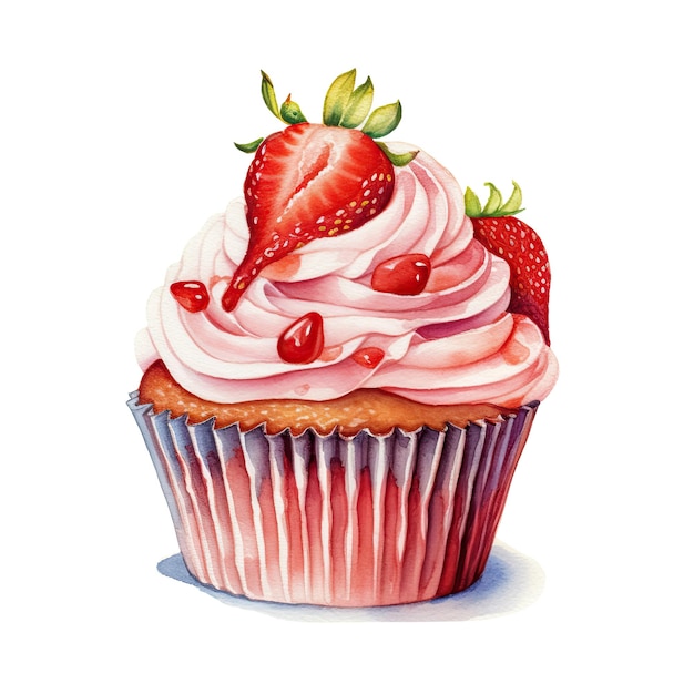 Cupcake de morango em aquarela Ilustração AI GenerativexA