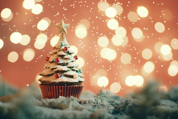 Foto cupcake de natal em fundo bokeh com modelo de copyspace vazio