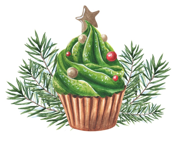 Cupcake de Natal verde creme galhos de árvores de abeto e bagas vermelhas Ilustração em aquarela desenhada à mão