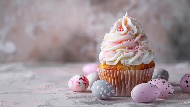 Cupcake de Páscoa com creme embrulhado e ovos de Páscua cor-de-rosa para festa generativa ai