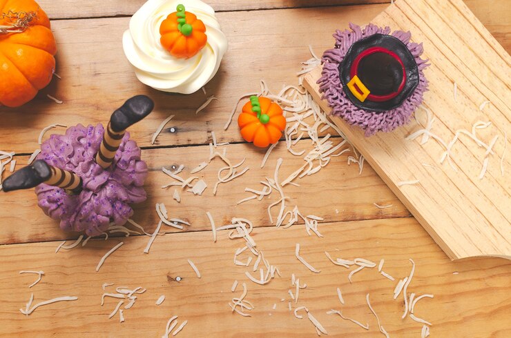 Foto cupcake decorado com cobertura de cream cheese e fondant para a celebração do halloween