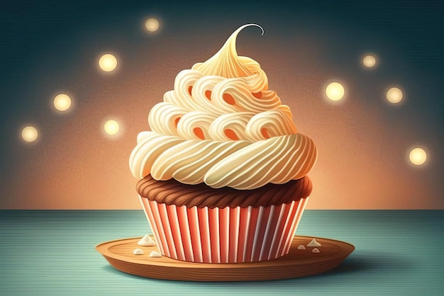 Cupcake delicioso coberto com creme de manteiga sentado em uma mesa de madeira colorida iluminada por trás