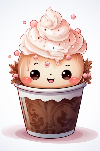cupcake de dibujos animados con crema y glaseado rosa en una taza generativ ai