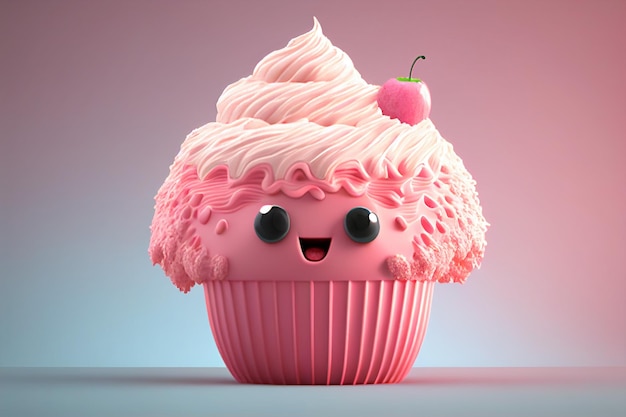 Cupcake divertido con cara 3d render fondo rosa generativo ai