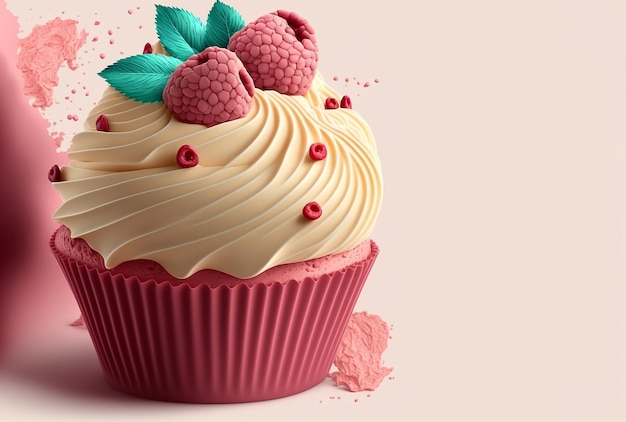 Cupcake doce com ilustração de framboesa Generative AI