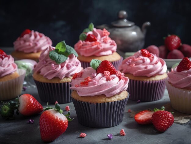 Cupcake doce rosa caseiro com morangos Generative AI