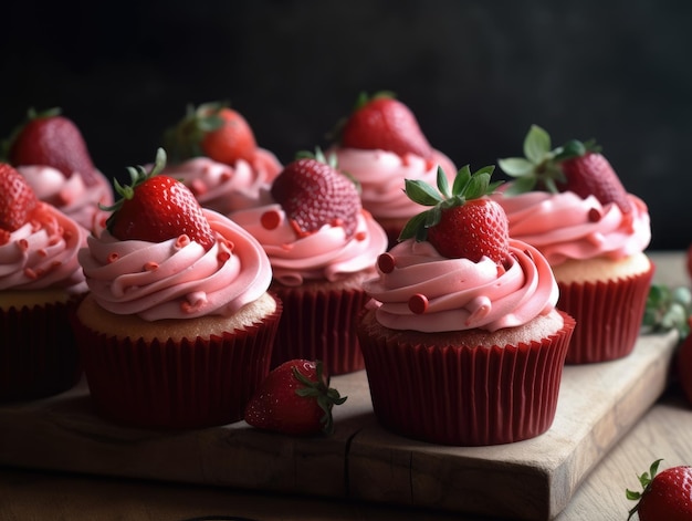 Cupcake doce rosa caseiro com morangos Generative AI