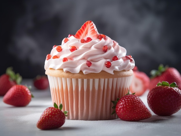 Cupcake doce rosa caseiro com morangos Generative AI