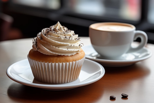 Cupcake e café em mesa de madeira