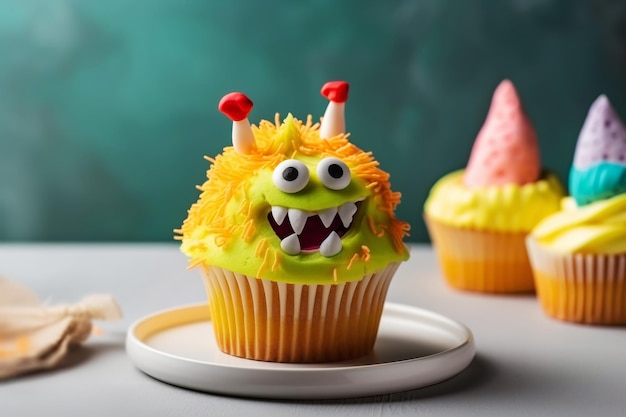 Cupcake fofo e engraçado para crianças Feliz Aniversário Sobremesa de Halloween Festa infantil Bolinho de monstro IA generativa