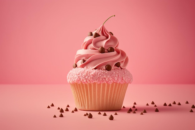 Un cupcake con fondo rosa AI