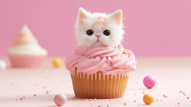 Un cupcake de gatito con glaseado rosa