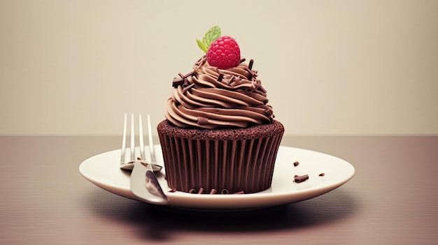 Un cupcake con glaseado de chocolate y una fresa encima.