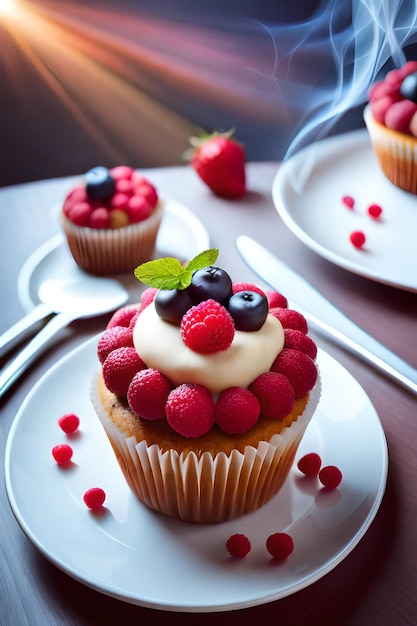 Un cupcake con glaseado de frambuesa encima