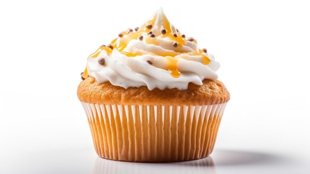 un cupcake con glaseado de queso crema y un cupcake al fondo.