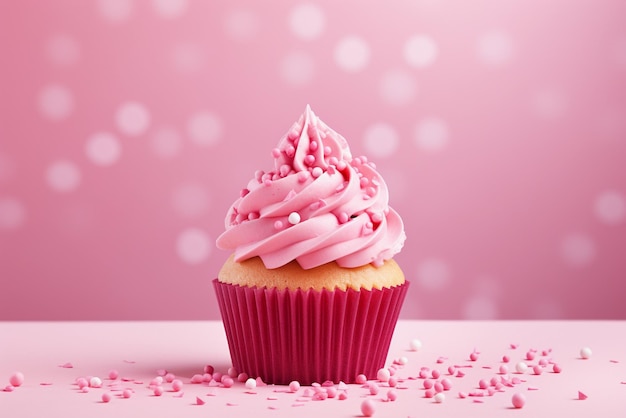 Cupcake con glaseado rosa sobre fondo rosa con bokeh