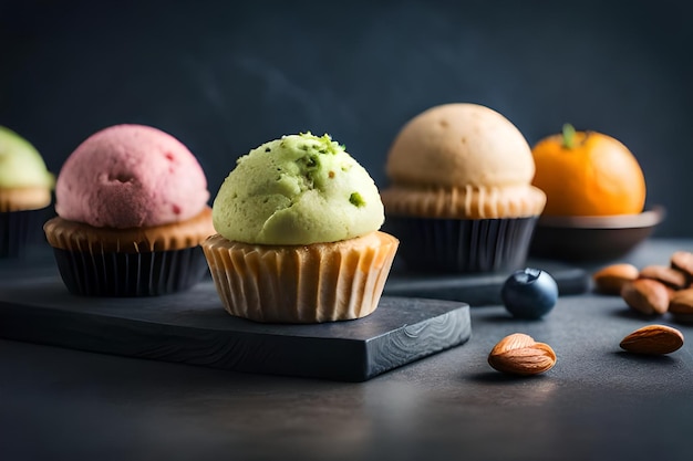 un cupcake con glaseado verde y un arándano encima.