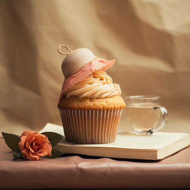 Foto cupcake junto a un sombrero de papel