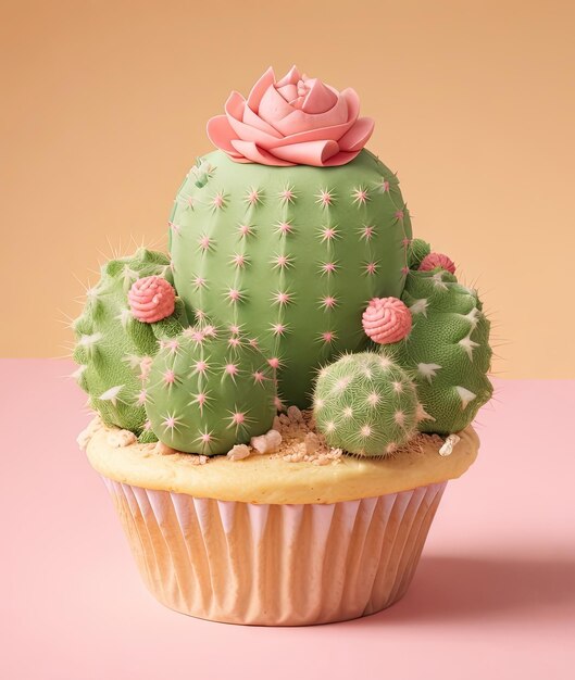 Cupcake kawaii fofo em forma de creme doce de cacto com flores Linda sobremesa 3D sobremesa de férias