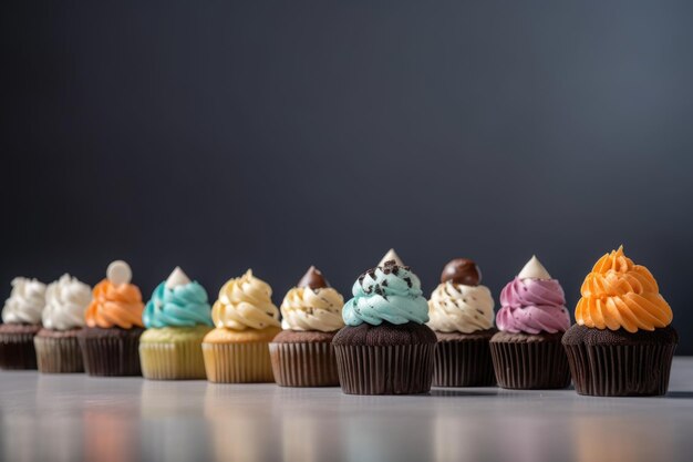 Cupcake-Linie mit jeweils unterschiedlichem Design und Geschmack, erstellt mit generativer KI