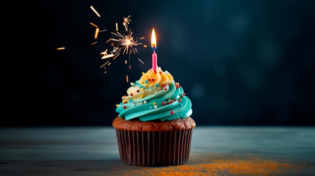 Cupcake mit brennender Kerze und brennender Kerze auf dunklem Hintergrund Generative KI