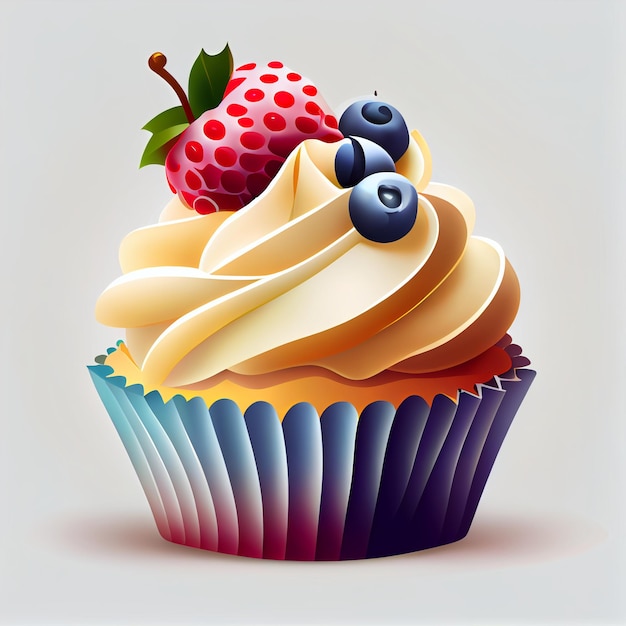 Cupcake mit einer Erdbeere und Blaubeeren auf der generativen Oberfläche