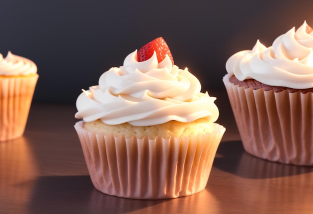 Cupcake mit Erdbeere an der Spitze und schwarzem Hintergrund