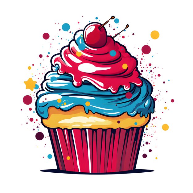 Foto cupcake mit farbenfrohen spritzen, die auf weißem hintergrund isoliert sind vektorillustration pop-art-t-shirt