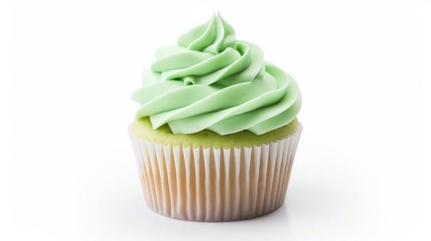 Cupcake mit grünem Frost auf weißem Hintergrund auf einer weißen oder klaren Oberfläche PNG durchsichtiger Hintergrund