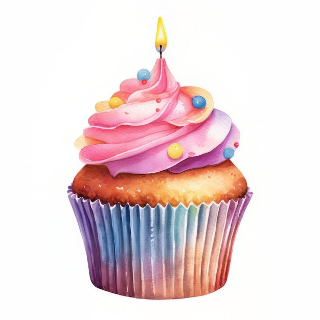 Cupcake mit Kerze Aquarell-Illustration isoliert auf weißem Hintergrund