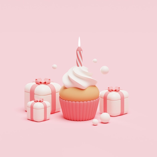 Foto cupcake mit kerze und geschenken 3d-rendering