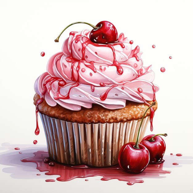 Cupcake mit Kirschen auf weißem Hintergrund Vektorillustration