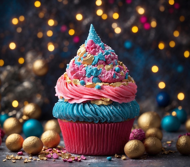 Cupcake mit rosa Buttercreme, Glasur mit goldenen Konfetti und Sprinkles Weihnachten und Neujahr