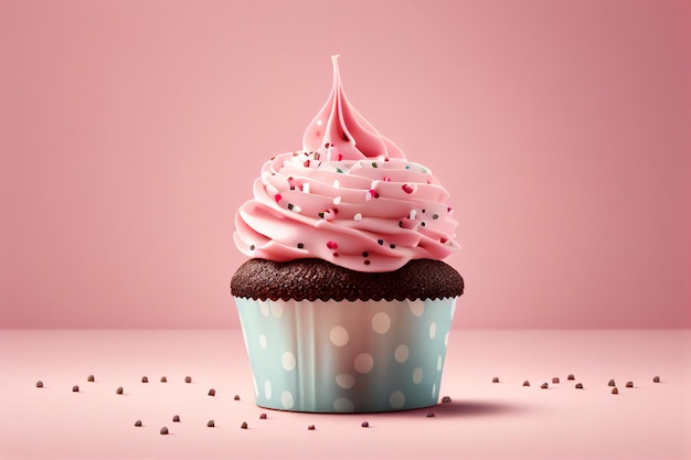 Cupcake mit rosa Creme auf rosa Hintergrund 3D-Rendering generative ai