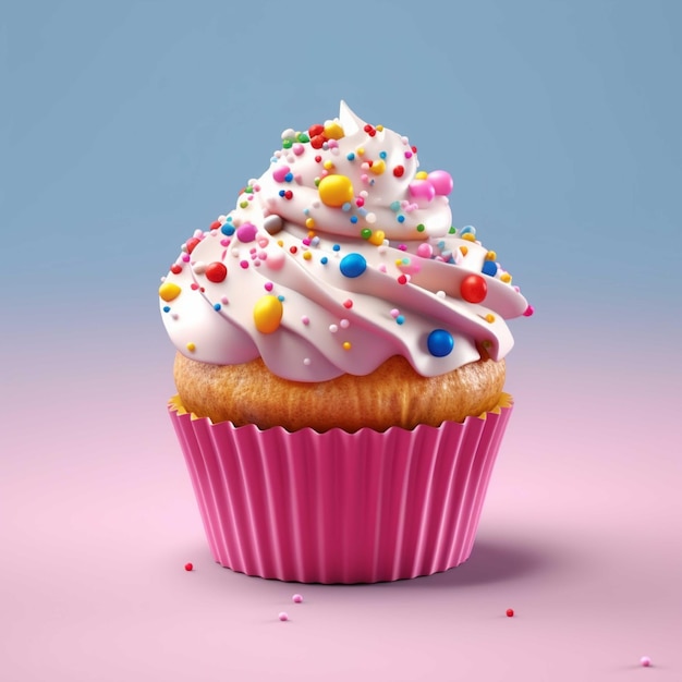 Cupcake mit Sahne und bunten Streuseln 3D-Rendering auf rosa Hintergrund