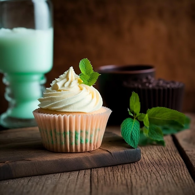 Cupcake mit Sahne- und Minzillustrationsbildern