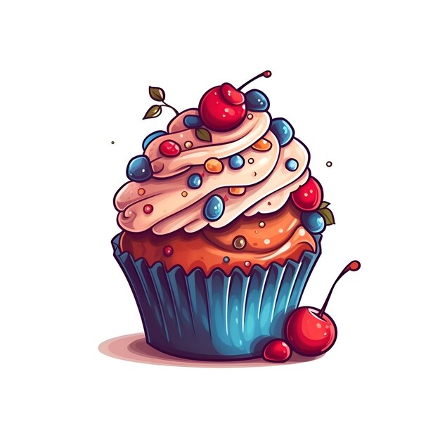 Cupcake mit Sahnekirsche und Beerenillustration