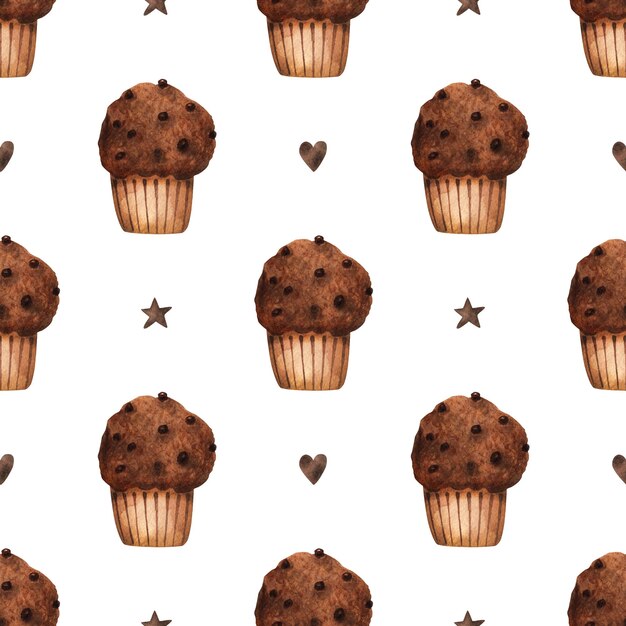 Cupcake mit Schokoladenchips nahtloses Muster Aquarell-Illustration